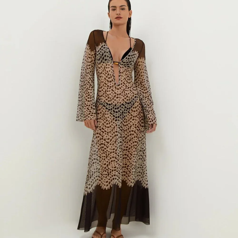 New Caroline Constas Lidi Poeme Long Tunic Kaftan Beach Swim Cover-Up Small NWT